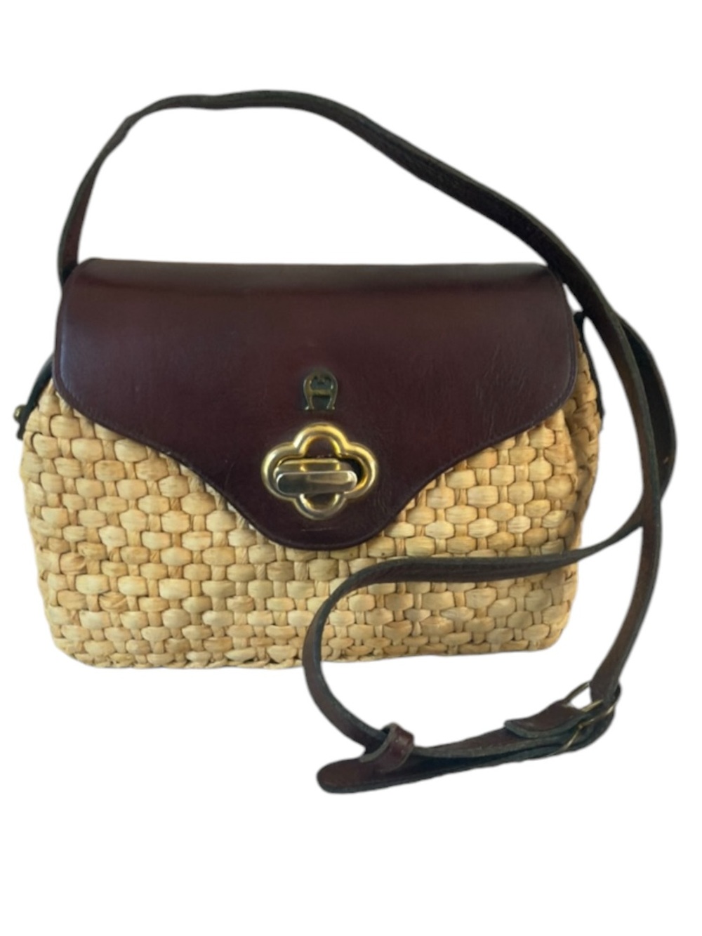 Etienne Aigner Vintage Woven Straw Crossbody Flap Bag Purse Oxblood Burgundy.